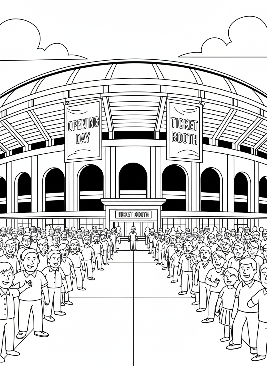 A stadium exterior with banners saying opening day, ticket booth, and fans lined up outside with excitement, wide scene.