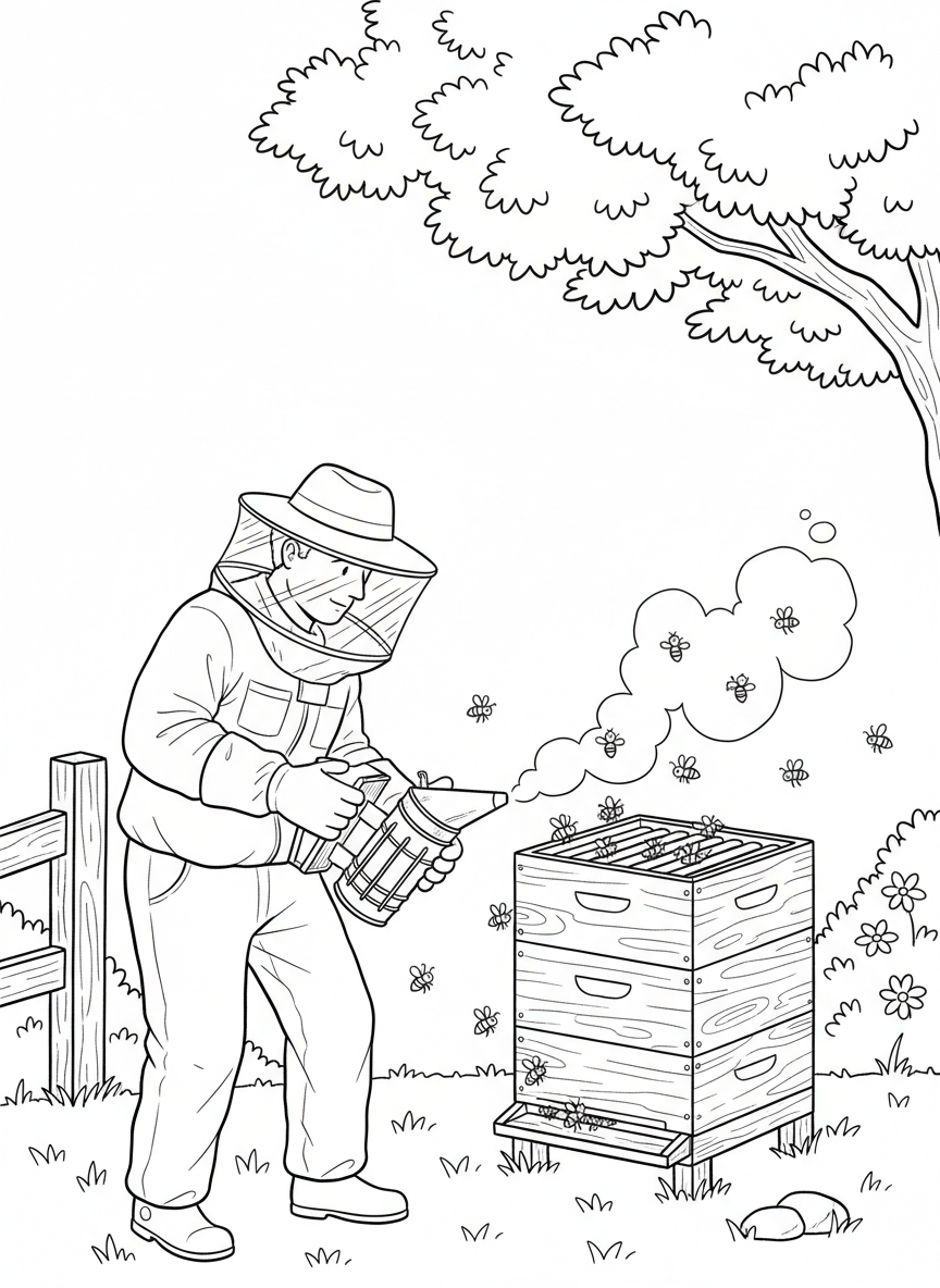 A beekeeper gently using a smoker tool near an open beehive, with bees flying peacefully around, educational scene.