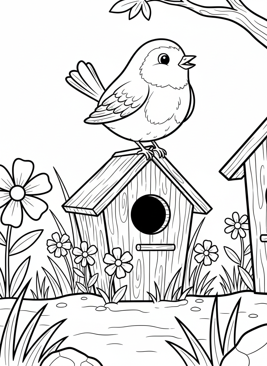A cheerful robin perched on a wooden birdhouse with a round entrance hole, surrounded by simple flowers and grass
