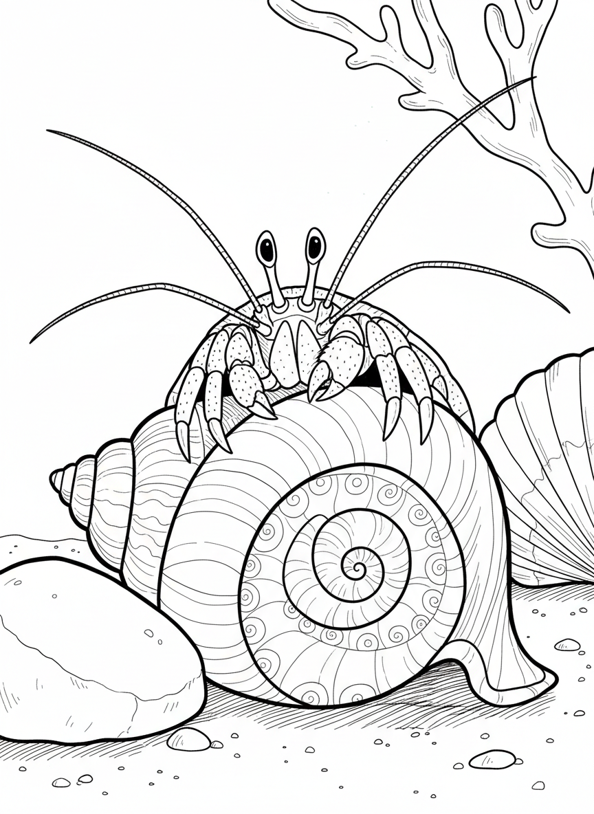 Close-up of a hermit crab's face with long antennae and eyes on stalks, emerging from a beautifully patterned conch shell.