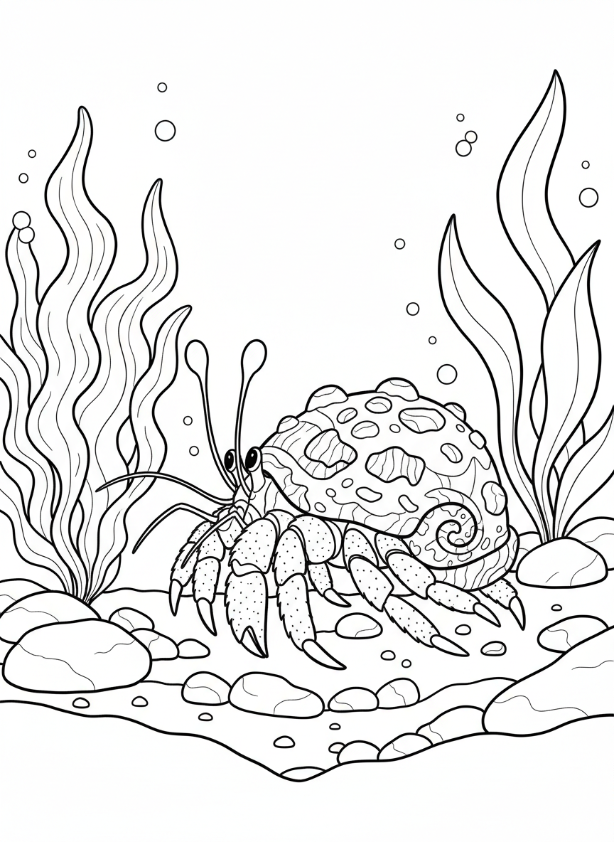 A hermit crab carrying a decorated shell walking past sea lettuce and other tide pool seaweed, side view with clear details