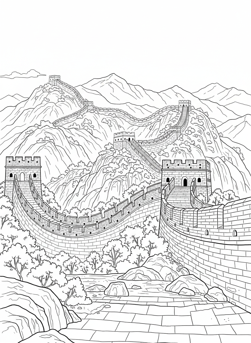 The Great Wall of China winding across mountain peaks, showing watchtowers and brick patterns, wide landscape view with clear details.