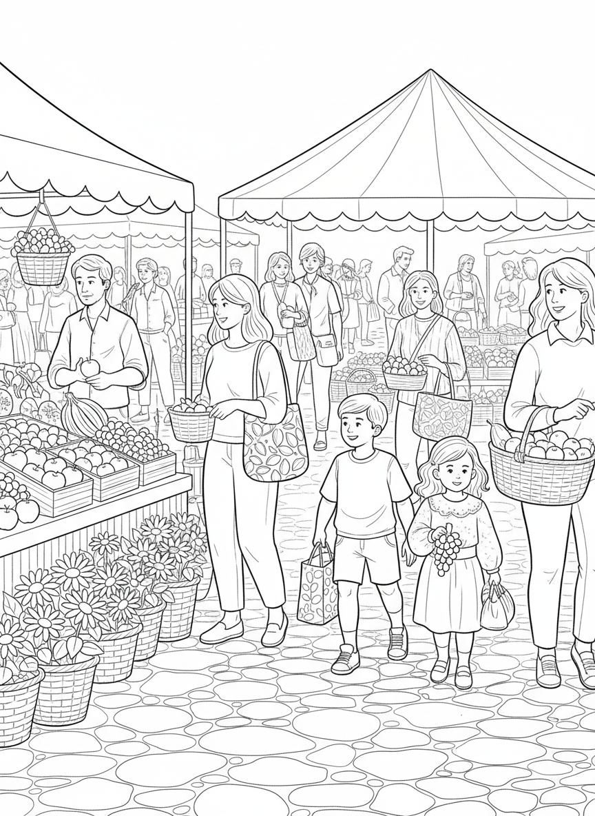 Labor Day coloring page prompts celebrating the close of summer, long-weekend relaxation, outdoor gatherings, and community spirit.	A farmers market on Labor Day morning, baskets of fresh fruit and flowers lining stalls as shoppers stroll through comfortably warm air.