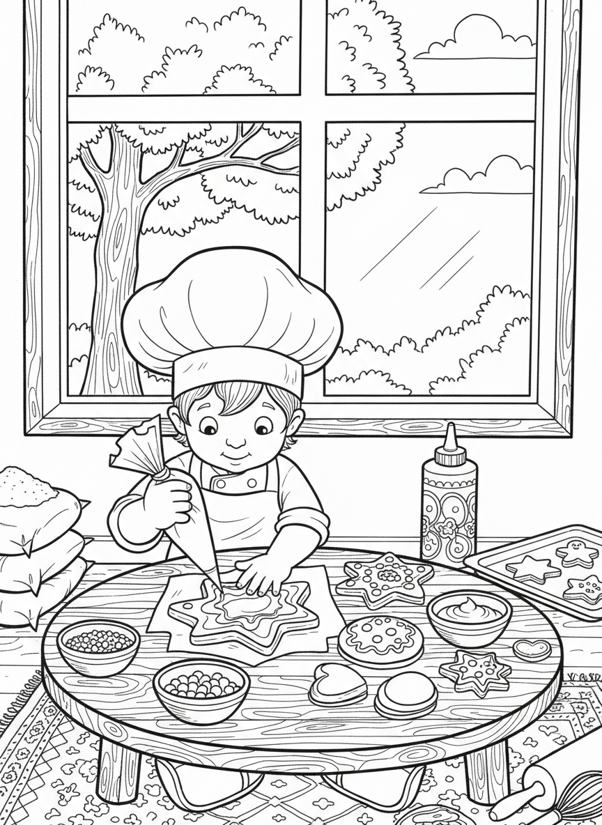 A child-sized baker decorating cookies with icing, sprinkles, and chocolate chips at a low table