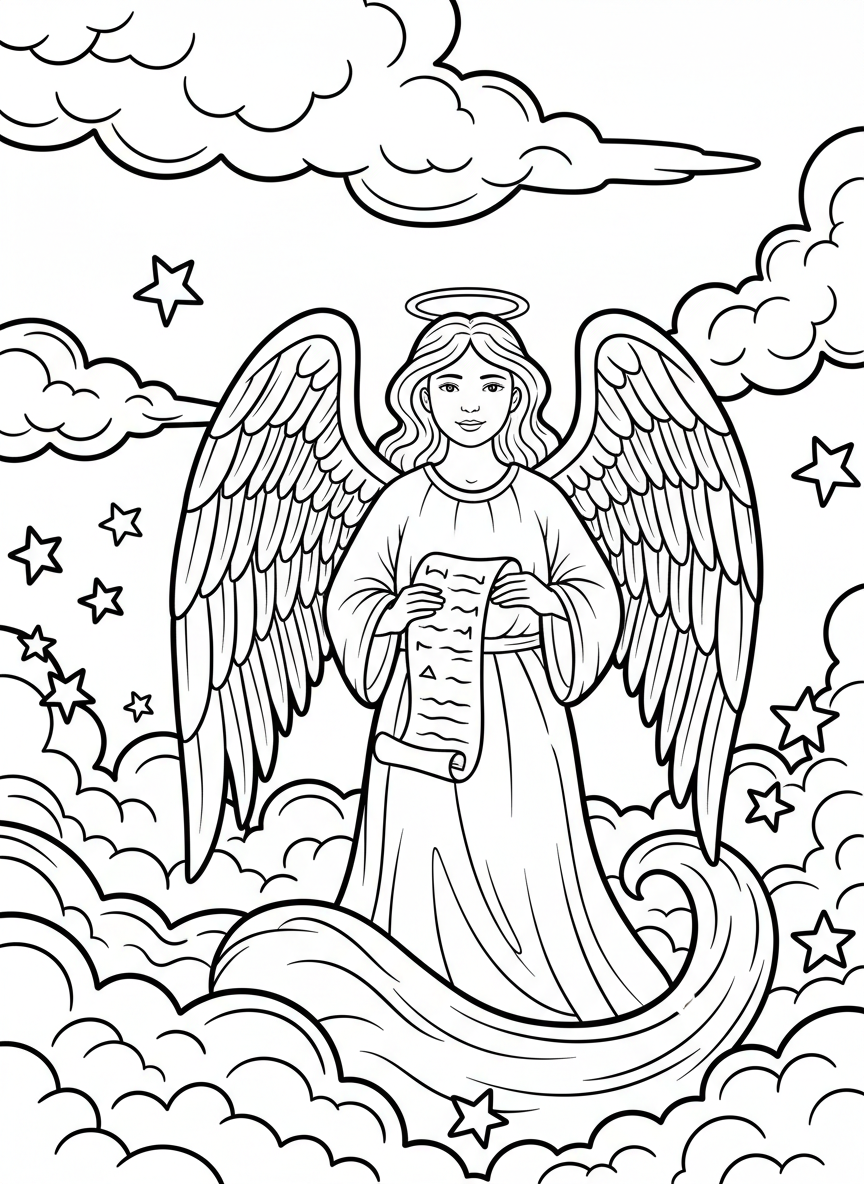 A friendly angel with large wings holding a scroll, standing among stars and clouds