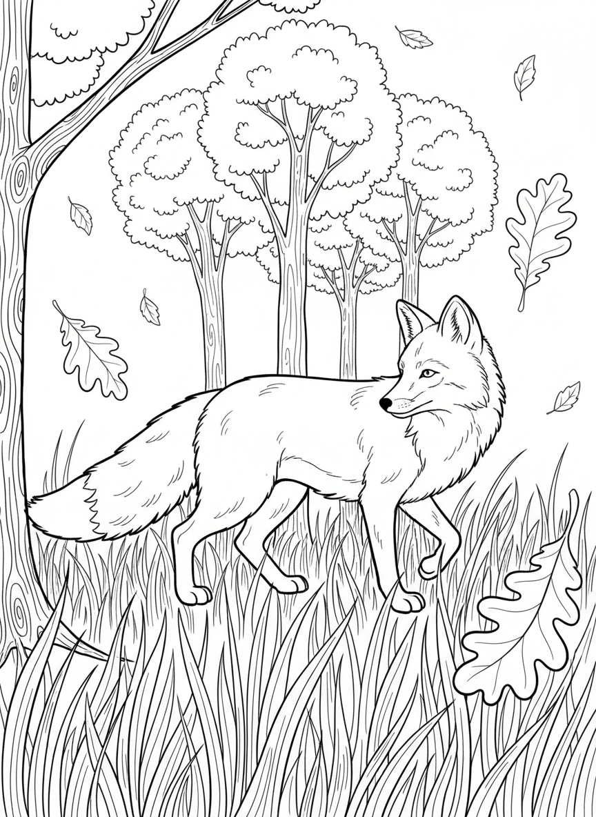 A fox walking through tall grass with autumn trees in the background and leaves floating in the air.