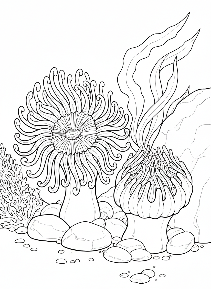 Pair of sea anemones side by side, one fully open and one partially closed, showing different states