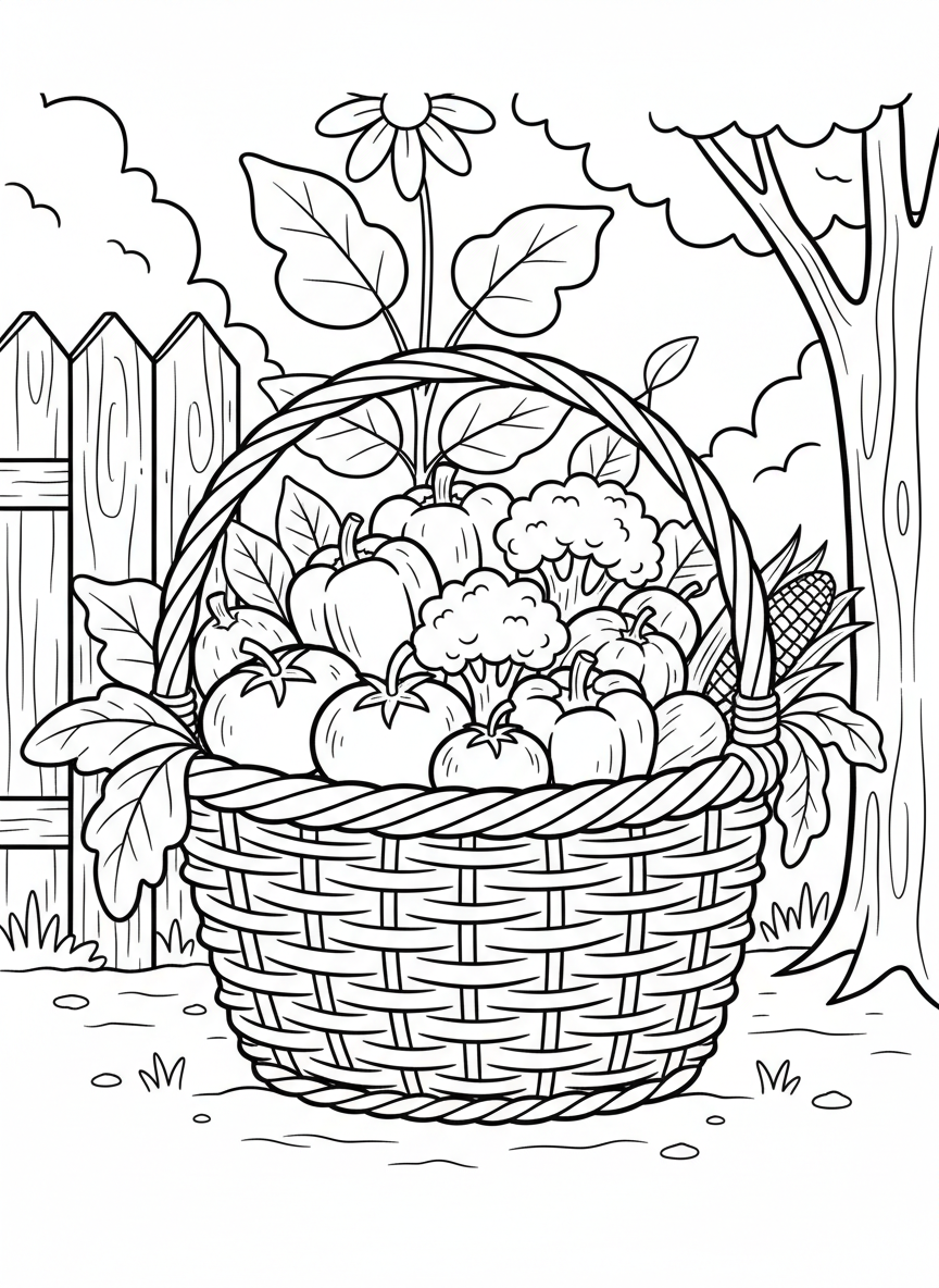 A basket overflowing with assorted vegetables including tomatoes, peppers, broccoli, and corn, detailed composition for older kids