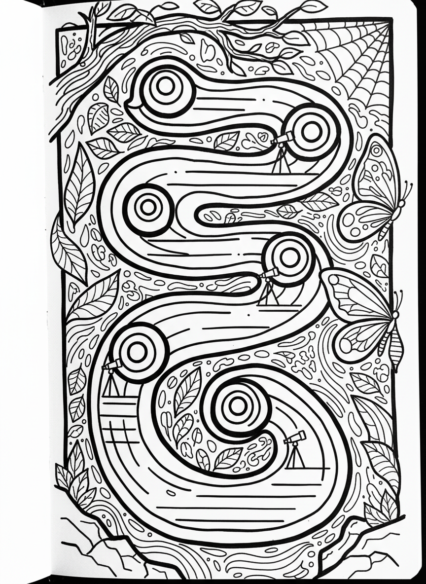 A journal page showing a periwinkle snail trail path across the page with observation stations marked along the way for notes