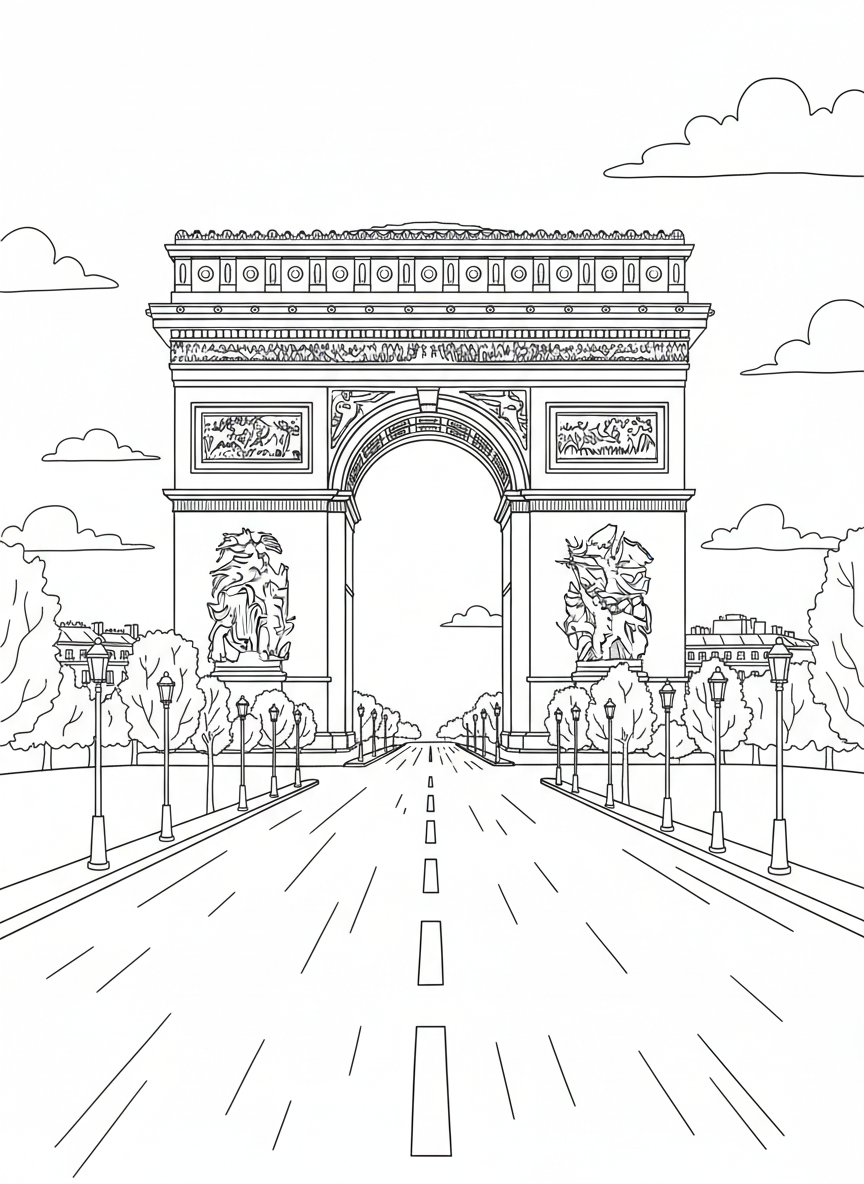 The Arc de Triomphe in Paris with its grand archway and decorative carvings, wide avenue leading up to it with simple perspective.