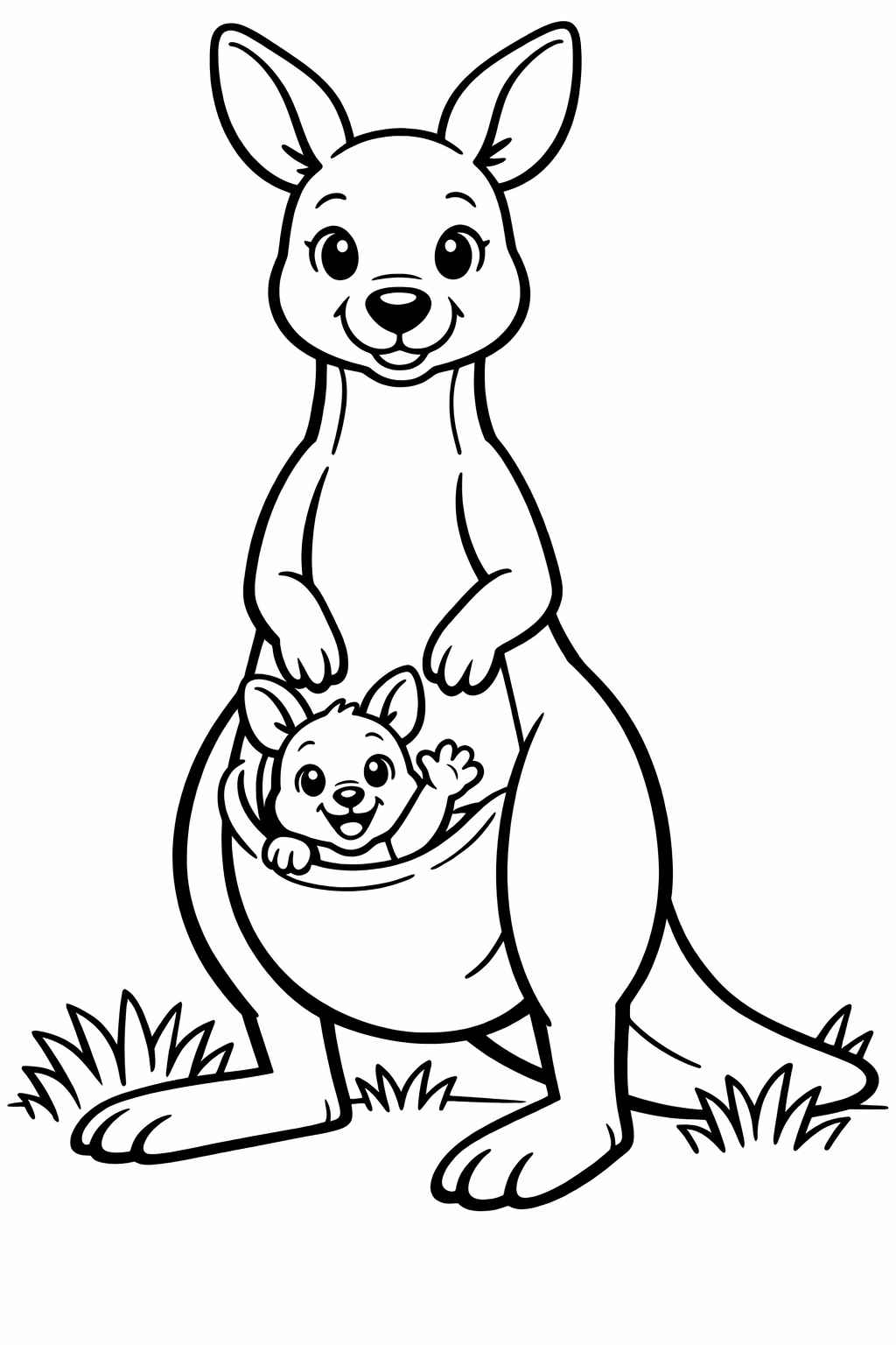 Kangaroo & Joey: A mother kangaroo standing in the grass with a cute baby joey peeking out of her pouch, waving.