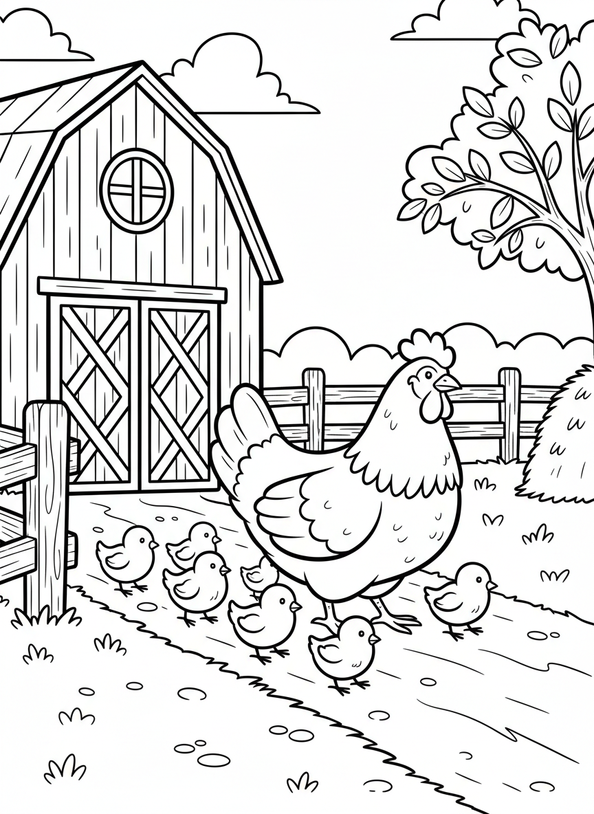A mother hen with several fluffy chicks following behind her through a farmyard with a barn in the background