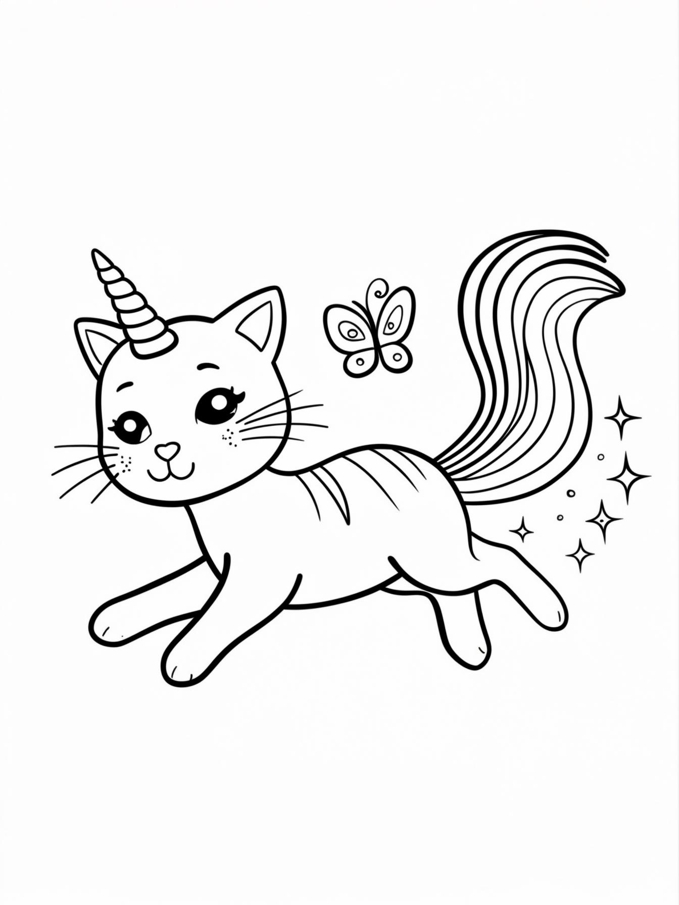 A cute, cartoon "caticorn" (a cat with a unicorn horn and rainbow tail) playfully chasing a magical, sparkling butterfly.