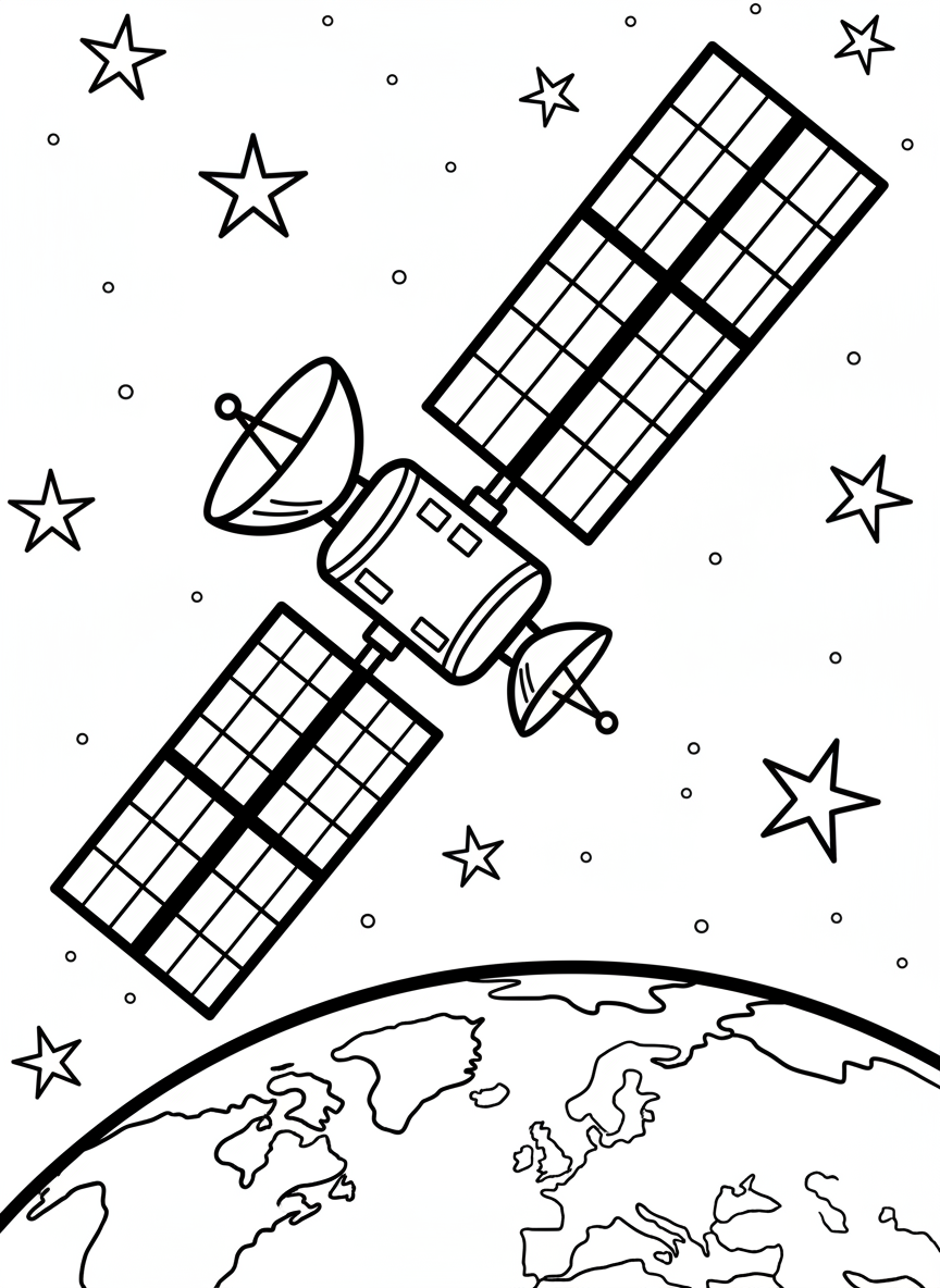 A satellite orbiting Earth with solar panels extended, stars in the background, space technology line art