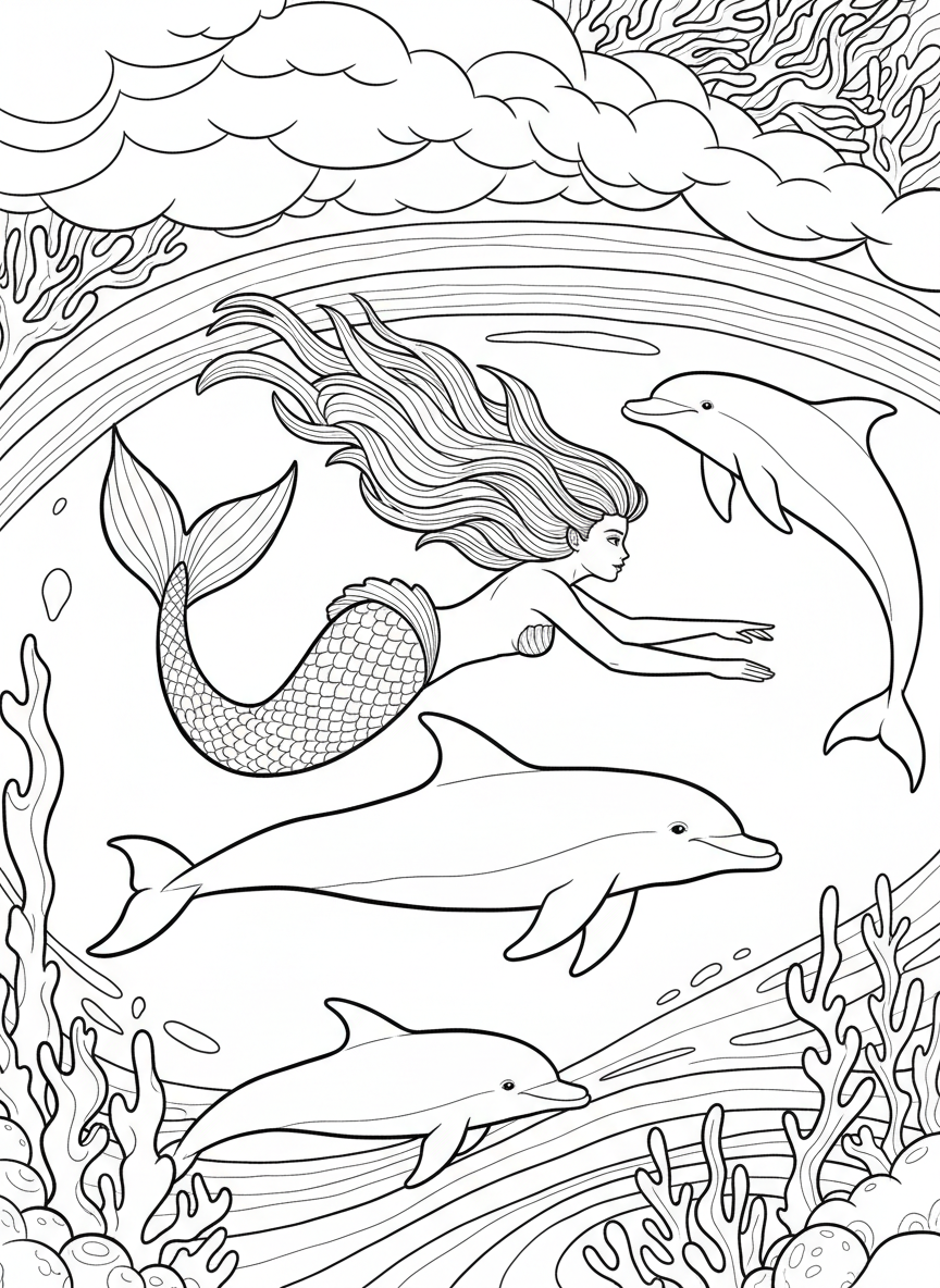 Mermaid swimming alongside a pod of three dolphins, dynamic action pose with hair and tail flowing behind, open ocean scene with distant coral, line art illustration