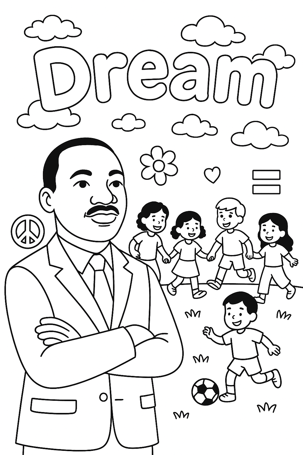 Martin Luther King Jr. standing confidently while children of different backgrounds play together behind him, symbols of harmony and equality throughout the scene, gentle clouds overhead forming the word “Dream,” hopeful future-focused composition