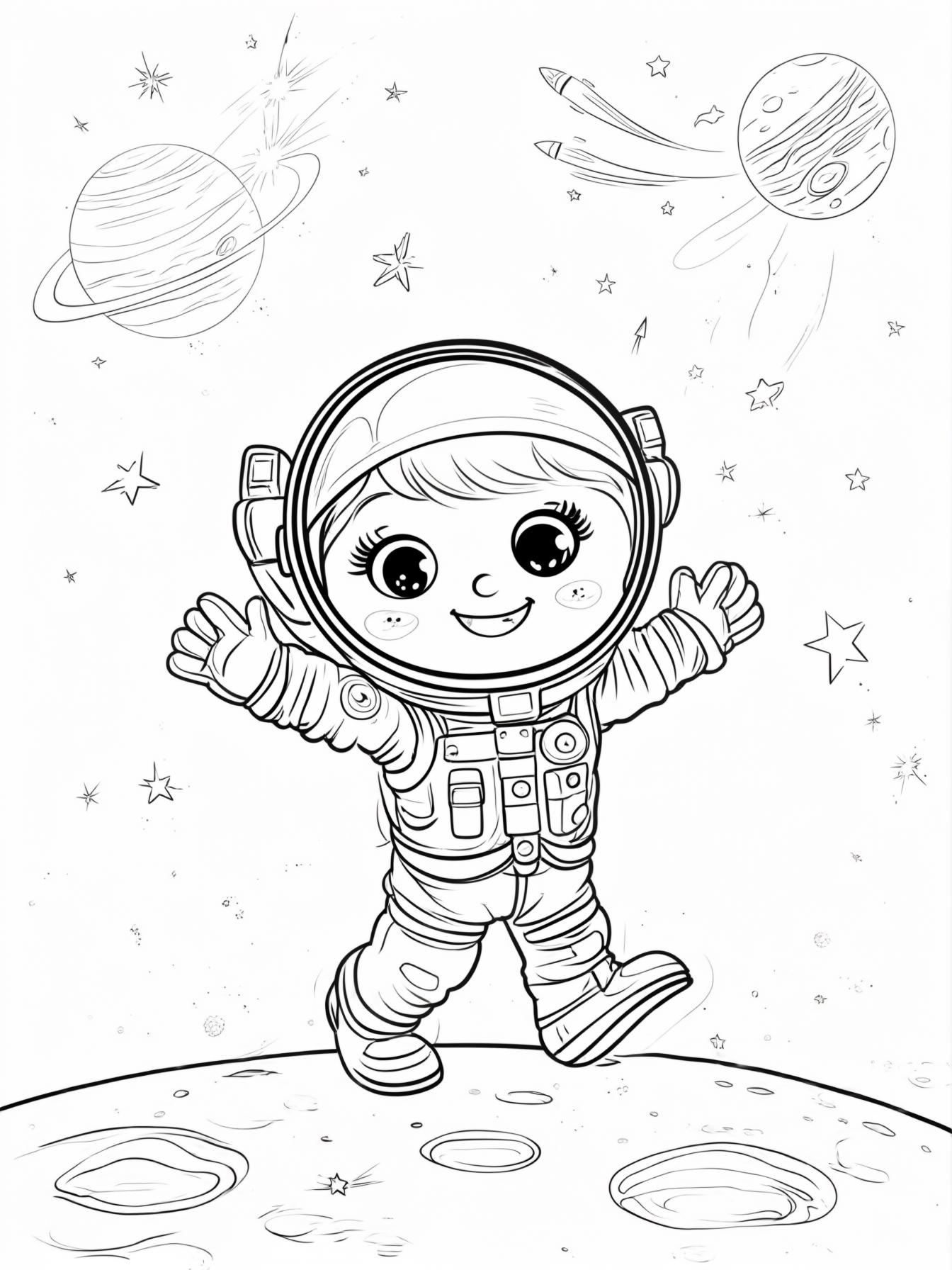 a cute kid with large curious eyes, a big smile, and small cute nose dressed as an astronaut with hands raised triumphantly. walking on the moon with planets in the background and stars in the sky and rockets bursting through the sky