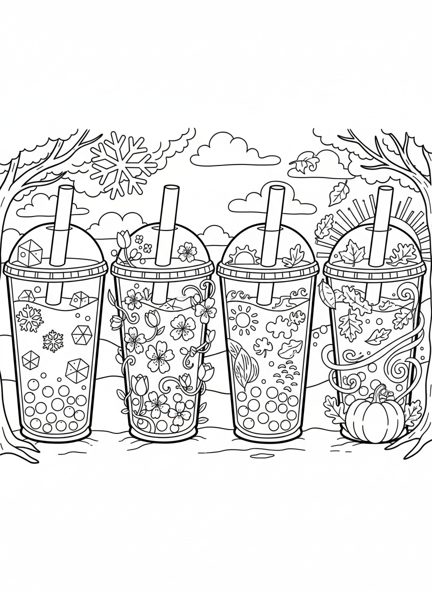 Four seasonal bubble tea designs: one with snowflakes, one with flowers, one with leaves, and one with sun symbols