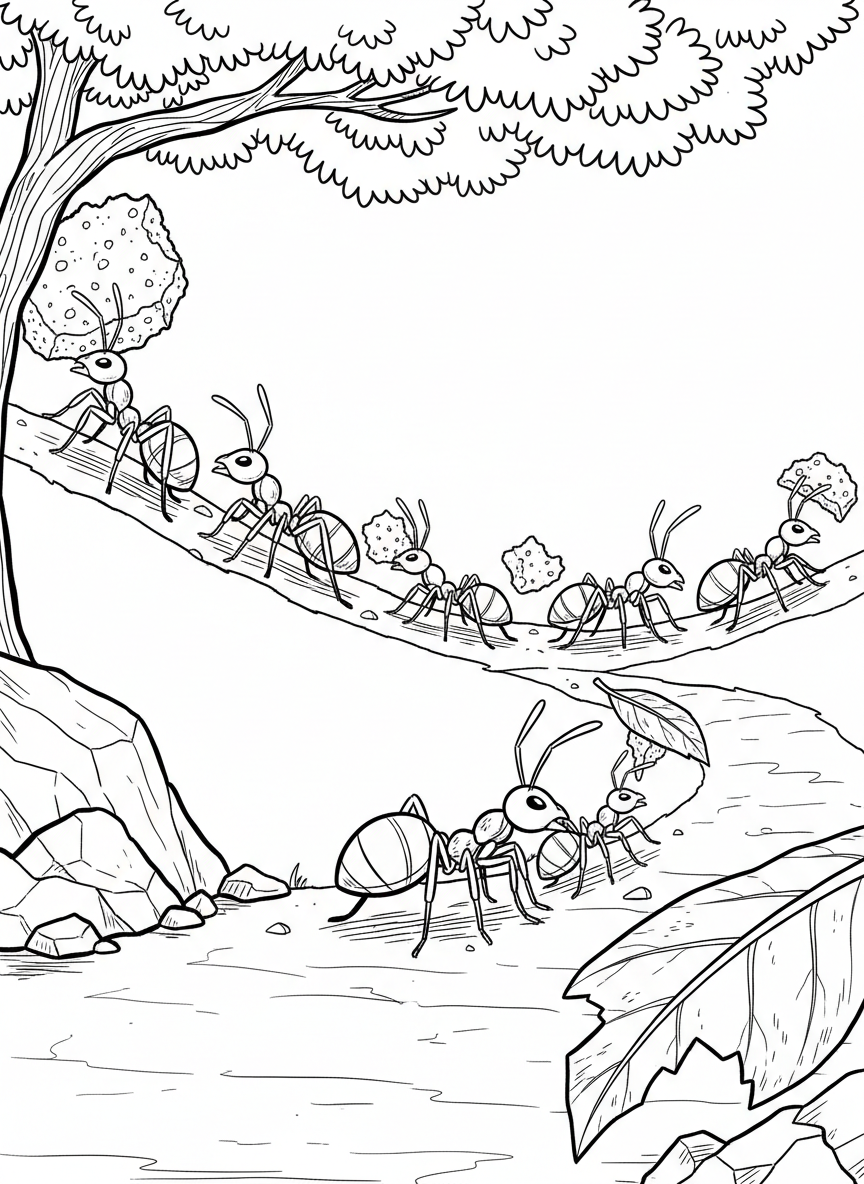 An ant colony working together carrying food crumbs and leaves along a winding trail, showing teamwork in nature.