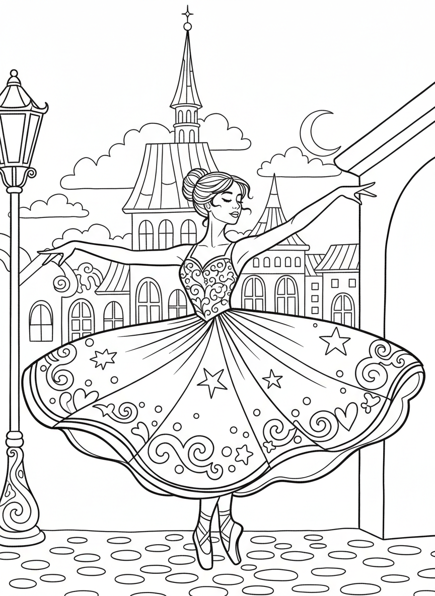 A dancer mid-twirl wearing a costume with a full circular skirt decorated with stars, hearts, and wave patterns.