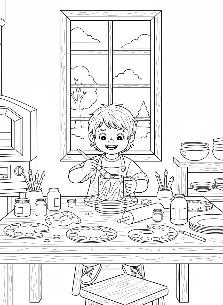 A cheerful child painting a large ceramic mug with a paintbrush, surrounded by colorful paint palettes and jars on a pottery studio table.