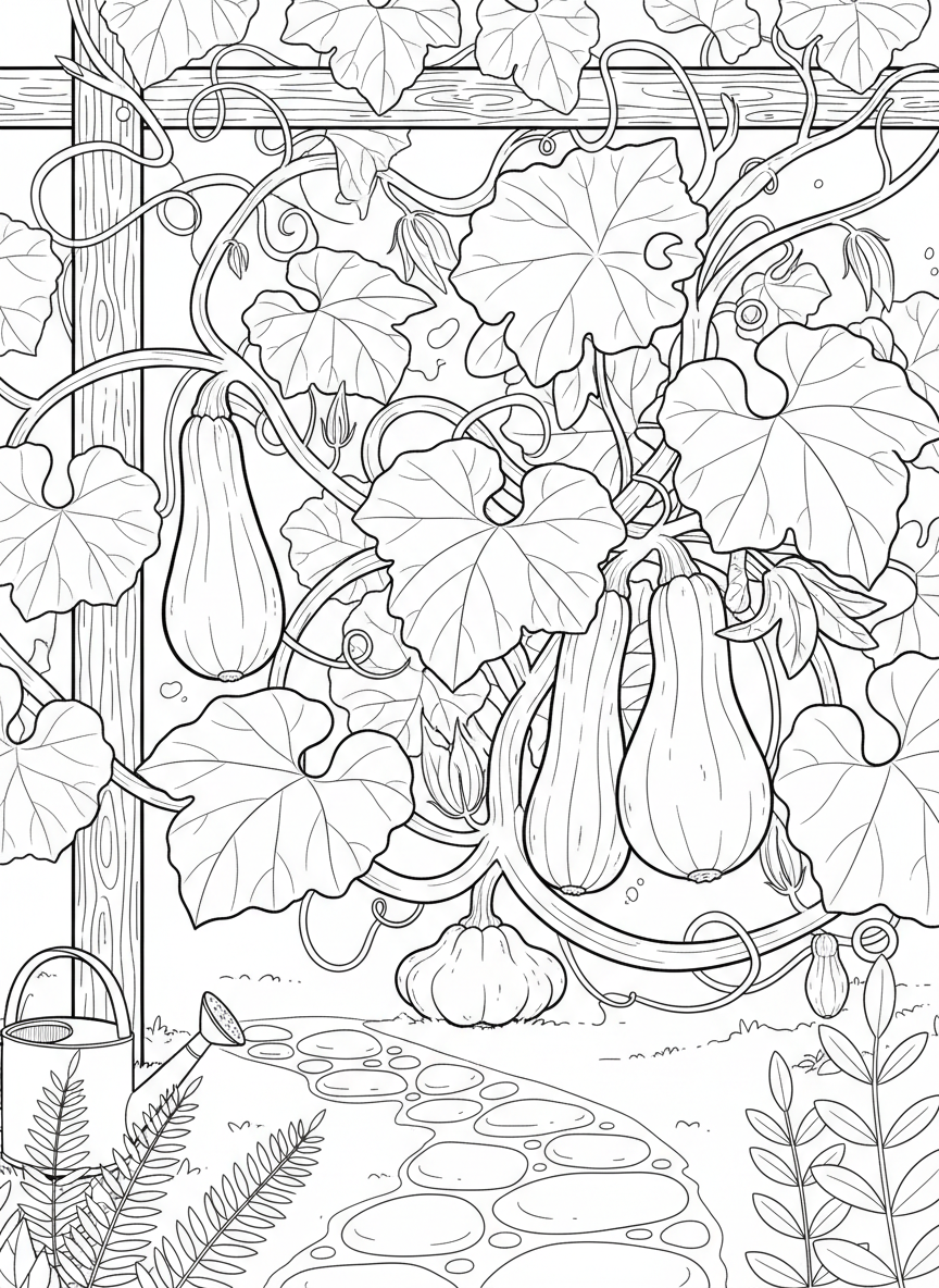 Zucchini and yellow squash growing on vines with large leaves and flowers, garden scene composition