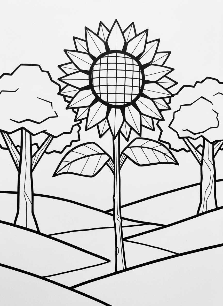 A cheerful origami sunflower with triangular petals radiating from a circular center, standing tall with a zigzag-folded stem and two leaves.