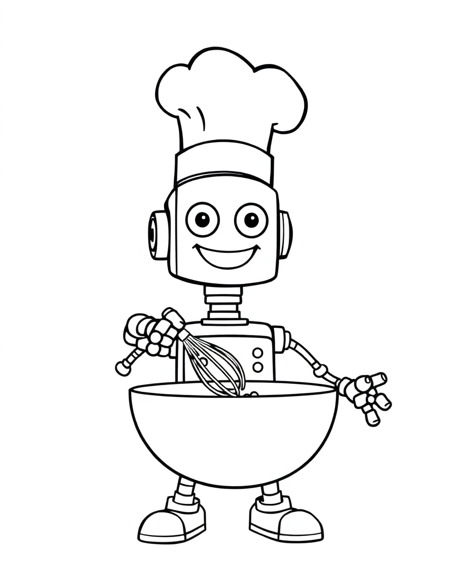 A cheerful happy chef robot wearing a tall white hat, enthusiastically mixing ingredients in a bowl with a whisk. The robot has four flexible arms, creating a busy and fun scene. A simple black and white cartoon drawing with bold, clear outlines.