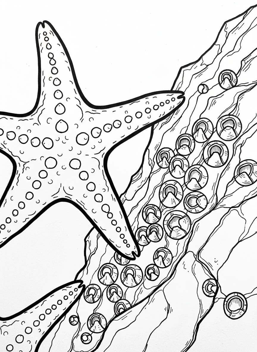 Close-up of a sea star with textured bumpy surface reaching toward a cluster of barnacles on a rock face