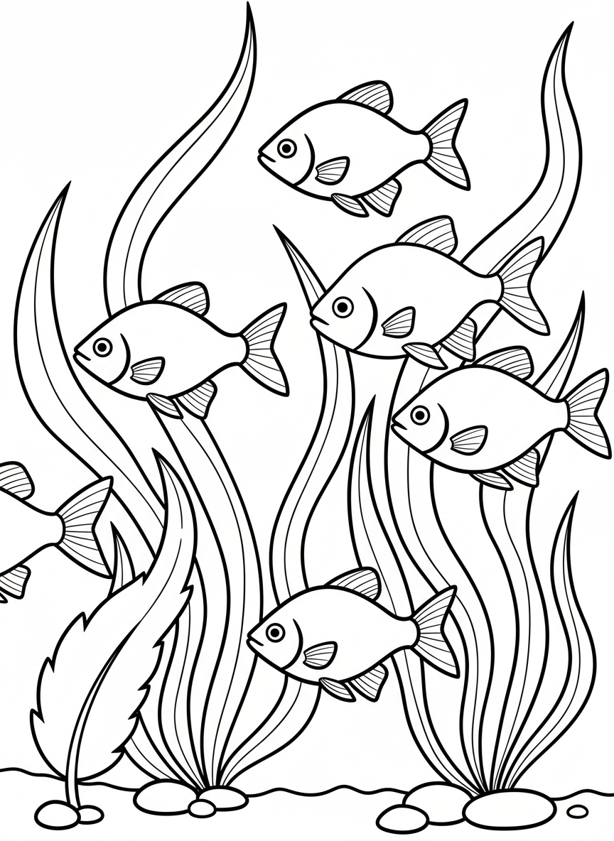 A tetra fish school of five swimming in the same direction with flowing water plants behind them, simple composition