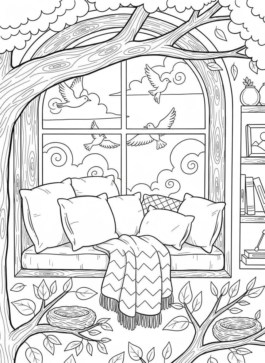 Cozy treehouse corner with a window seat, soft pillows, a blanket, and a view of birds and clouds outside.