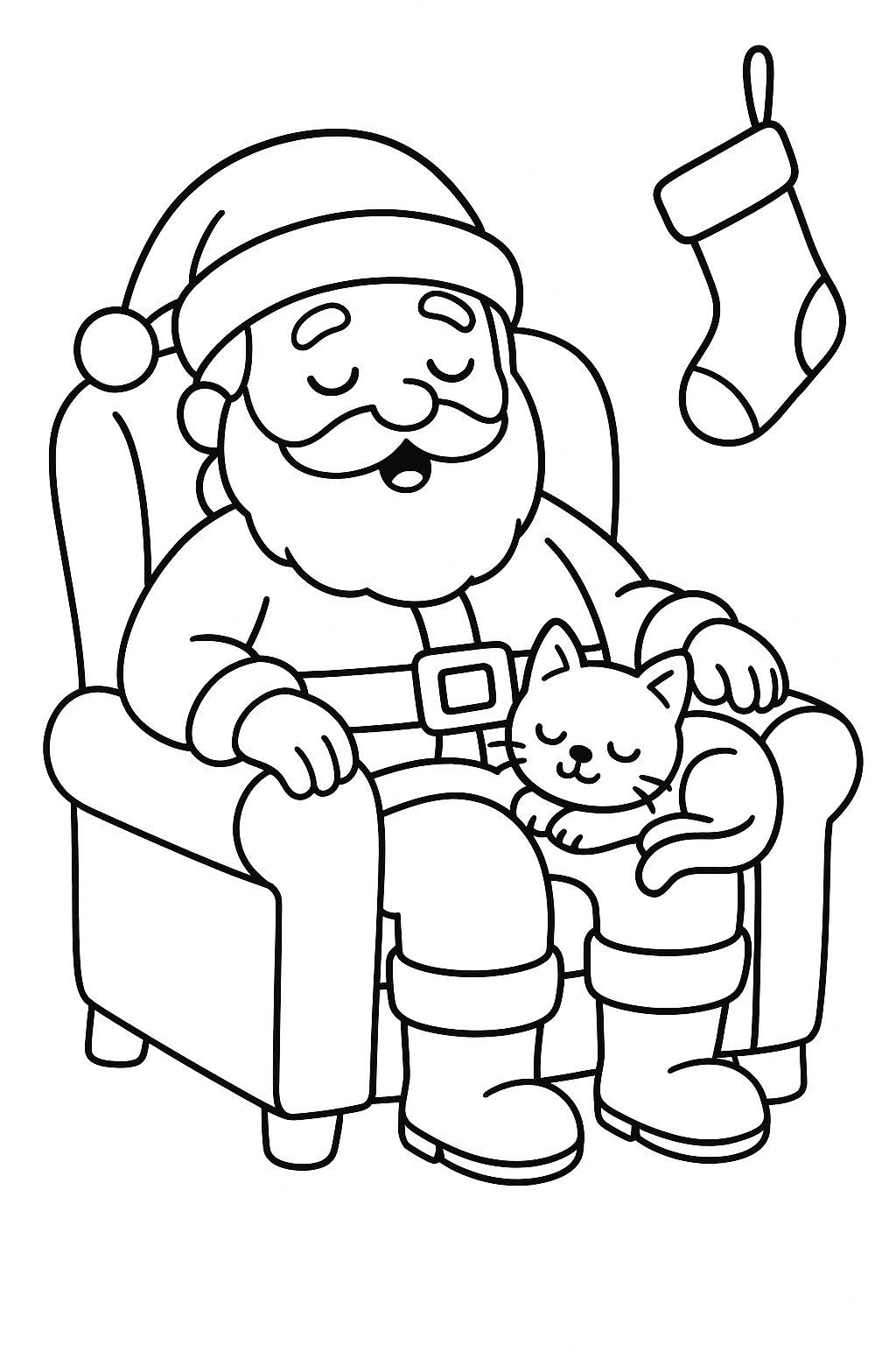 A sleepy Santa resting in a cozy chair with a small cat curled on his lap and one stocking hanging nearby.