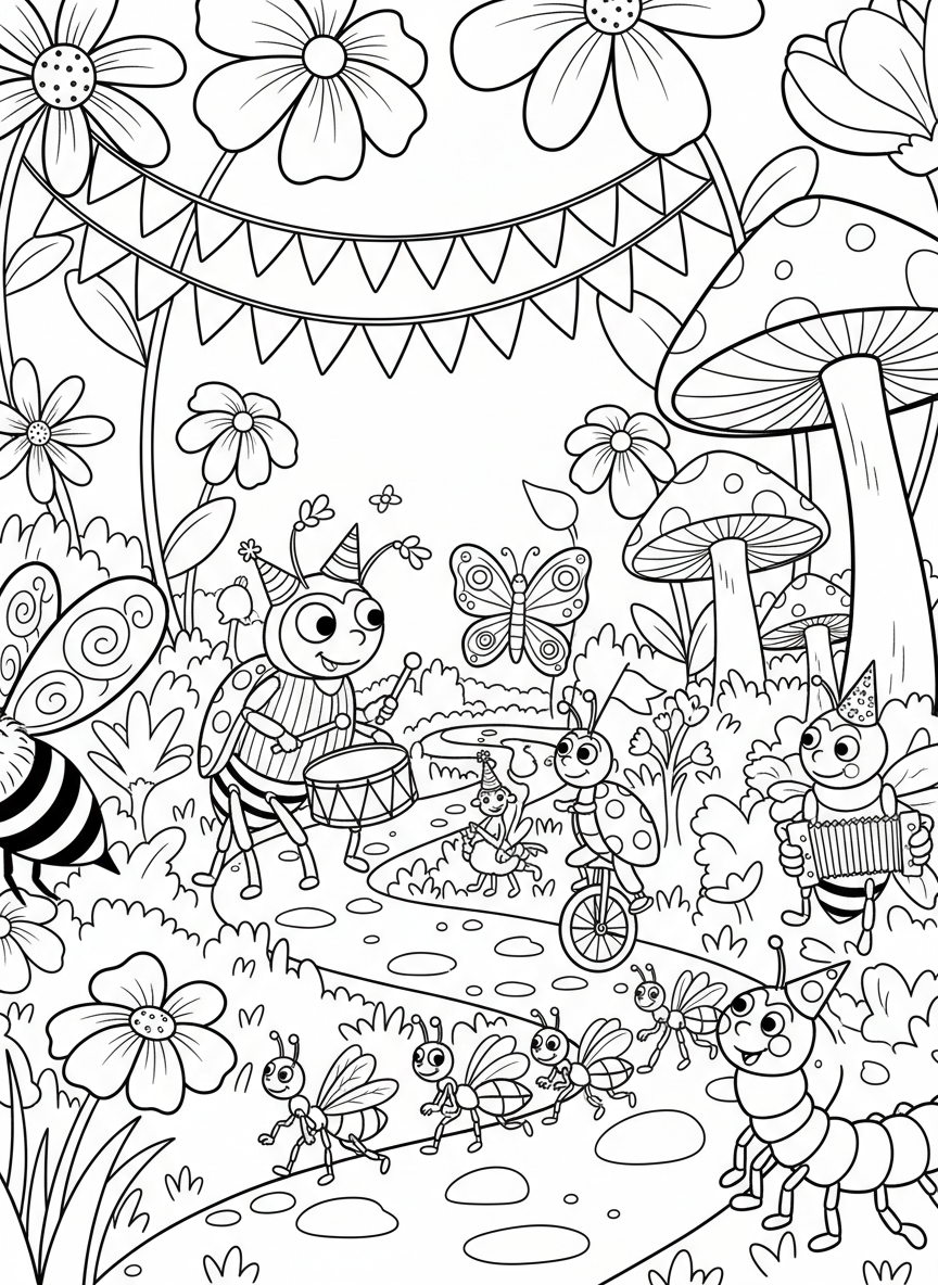 A whimsical bug parade with various insects marching together through a flower garden path, festive and fun composition.