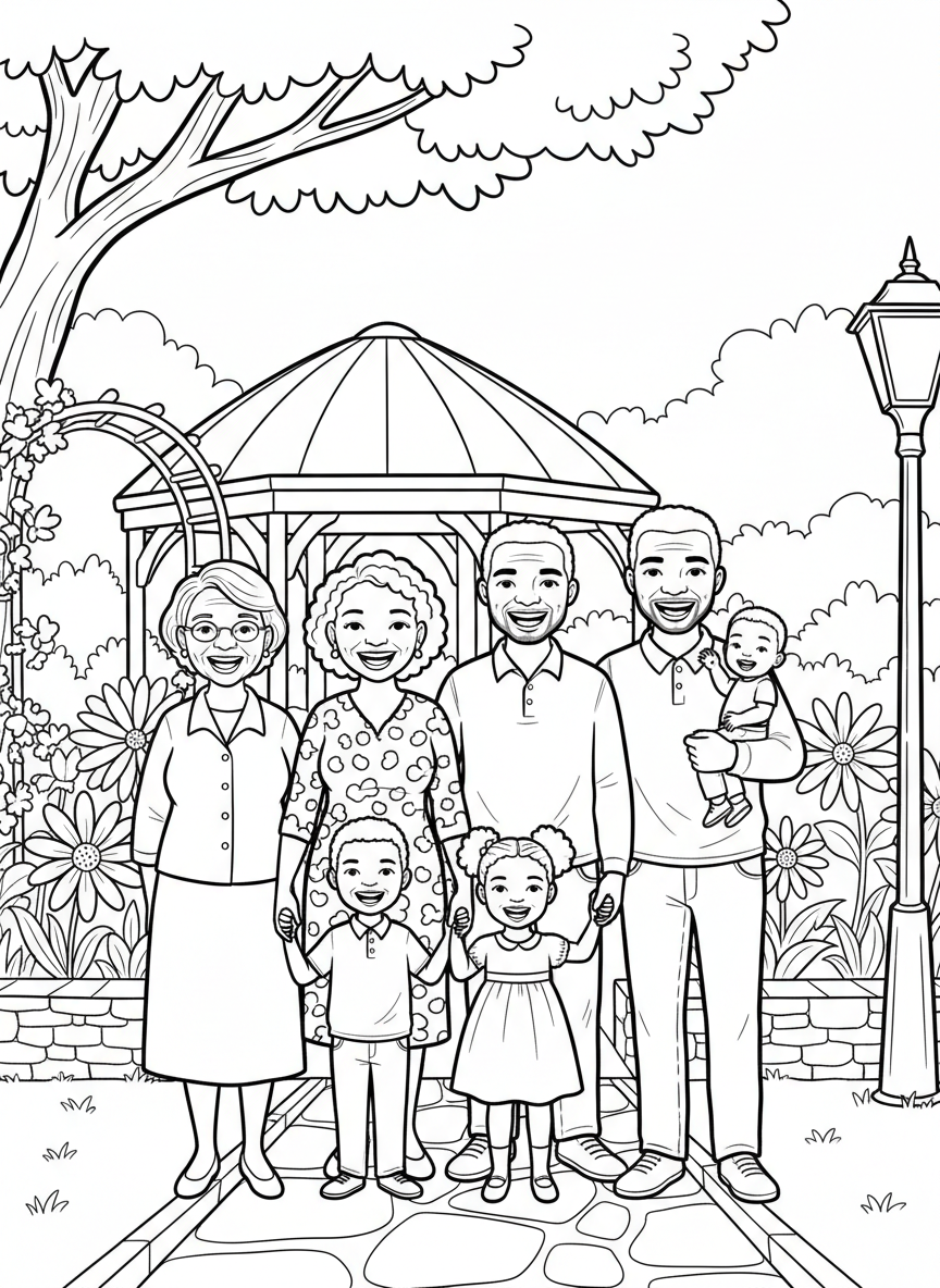 African American family portrait with grandparents, parents, and children standing together, all smiling warmly