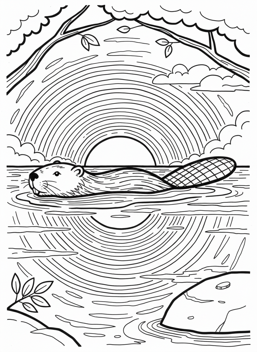 A beaver swimming at the water surface with just its head and back visible, sunset sky reflection on water