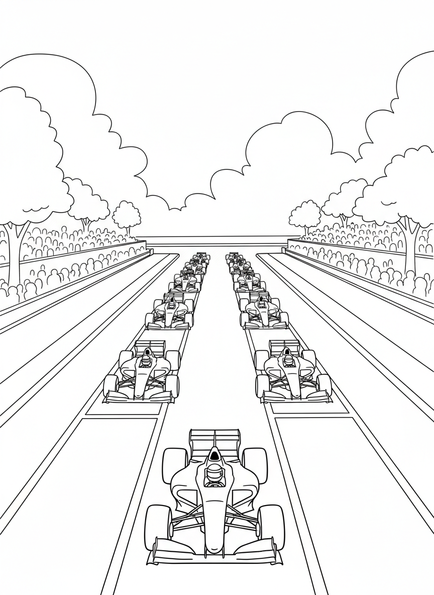 A starting grid scene with multiple Formula One cars lined up in formation before the race begins, aerial perspective.