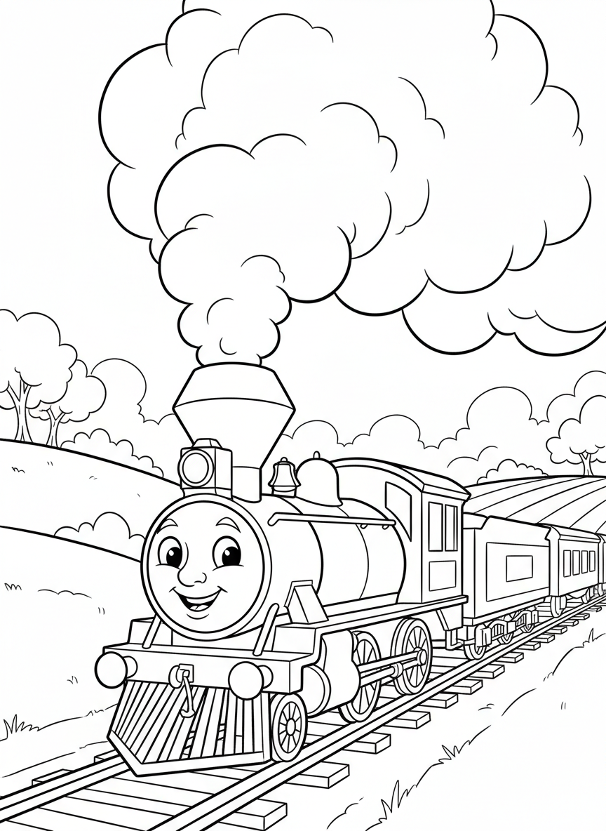 A cheerful steam locomotive with a large smokestack chugging along countryside tracks, with puffy clouds of steam billowing above and rolling hills in the background.