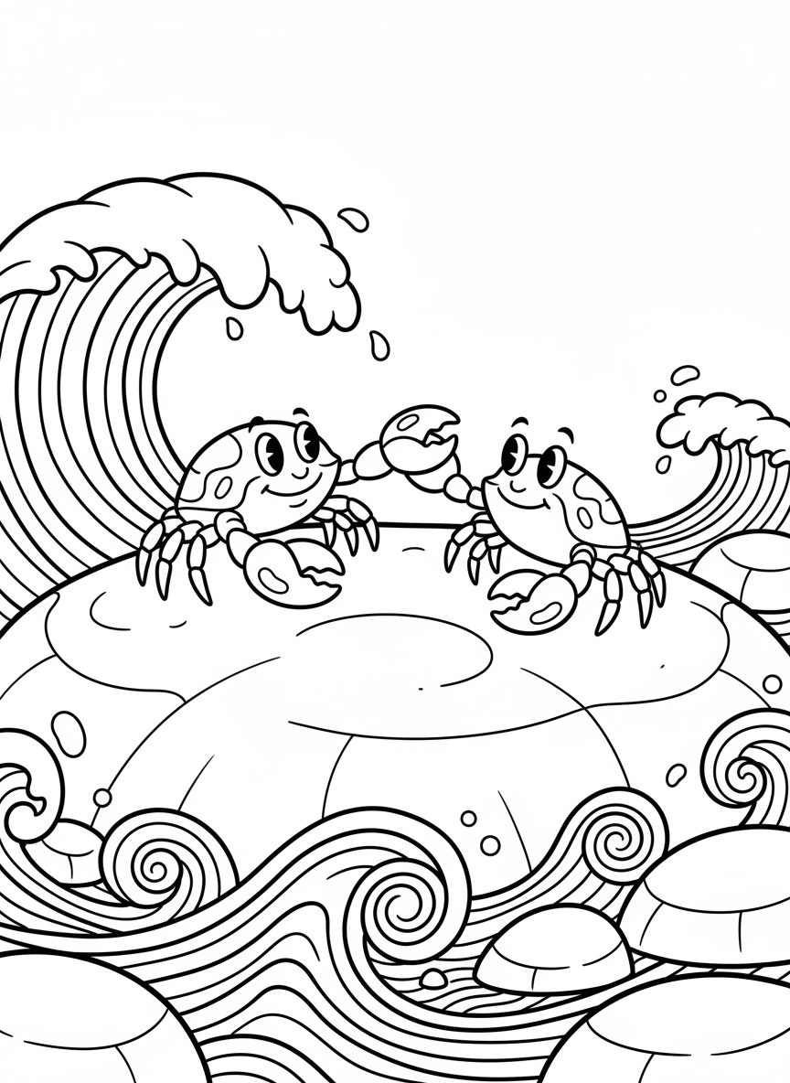 Two crabs having a friendly meeting on a flat rock, with waves and smaller rocks visible in the background.
