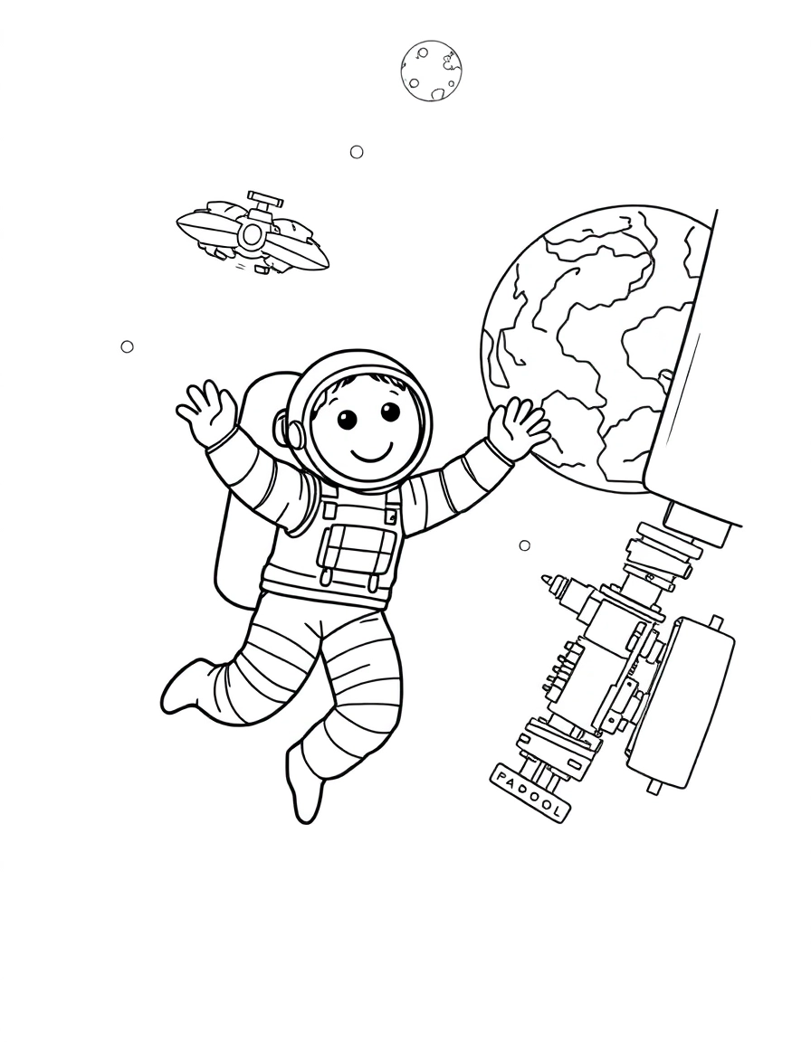 A happy astronaut floating in zero gravity next to a detailed space station, with Earth visible in the distance.