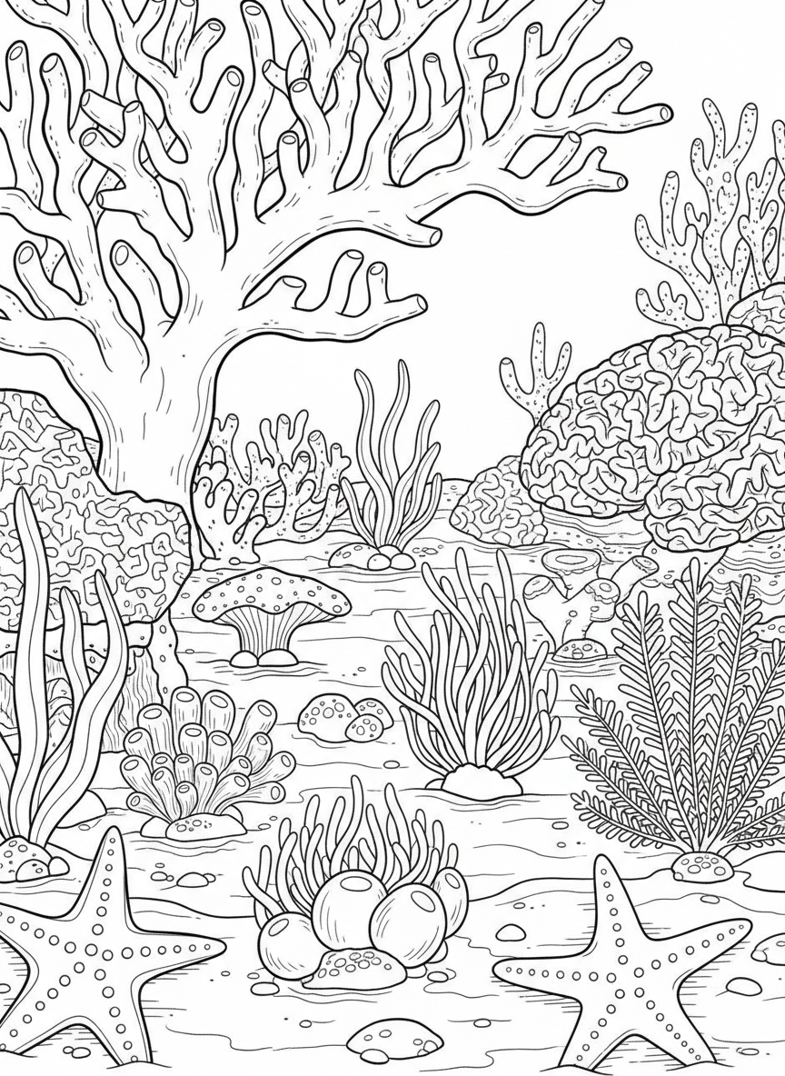 A colorful coral reef scene with various shaped corals, sea anemones, and starfish scattered across the sandy bottom.