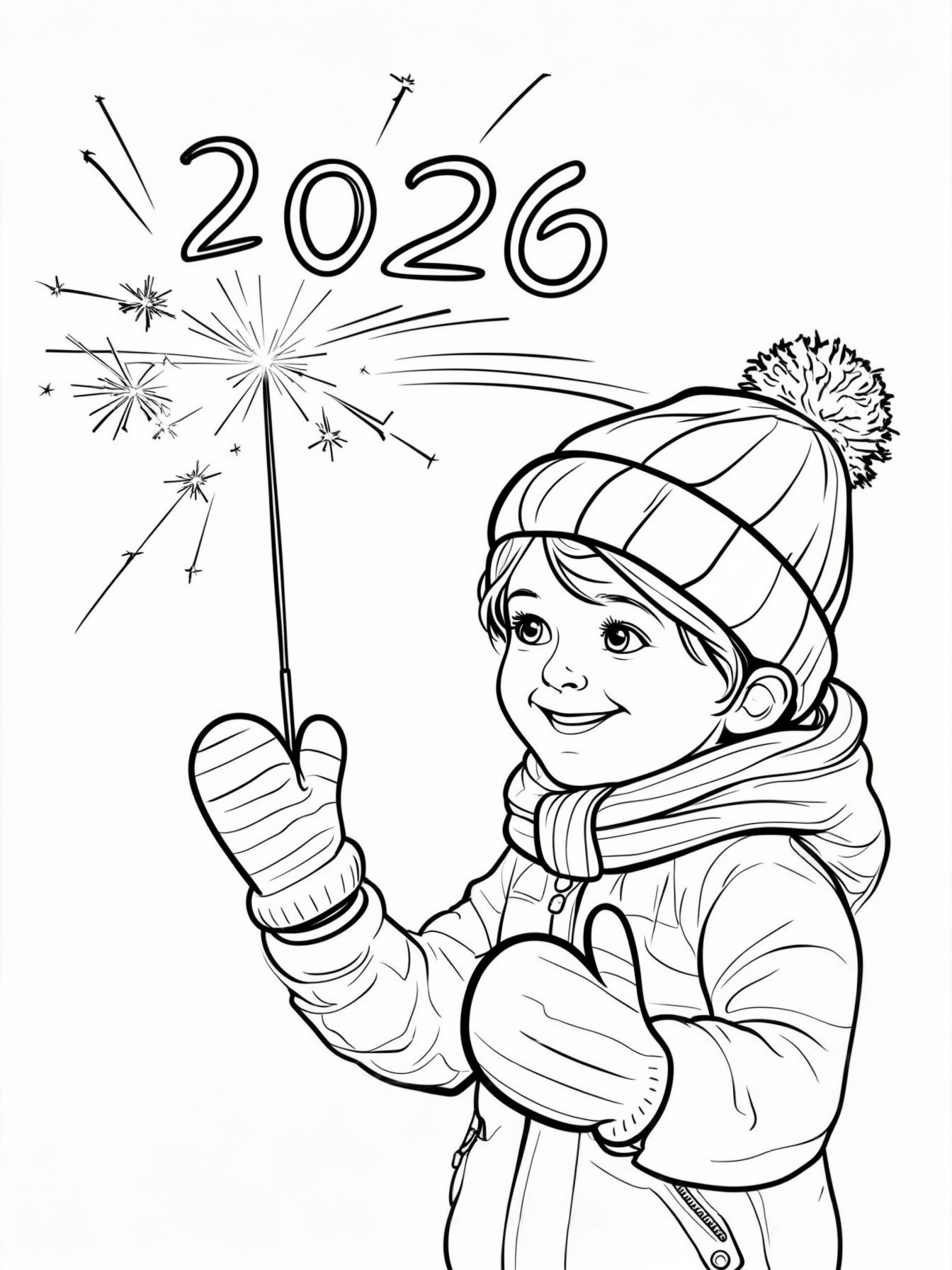 Sparkler Fun: A child (gender-neutral) wearing winter mittens, safely holding a sparkler that is writing "2026" in the air with light trails.