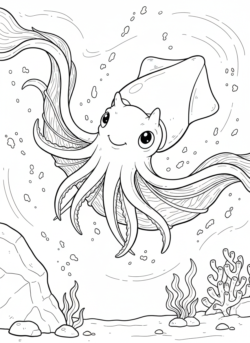 A friendly vampire squid with webbed arms spread like a cape and large expressive eyes, surrounded by marine snow particles drifting downward.