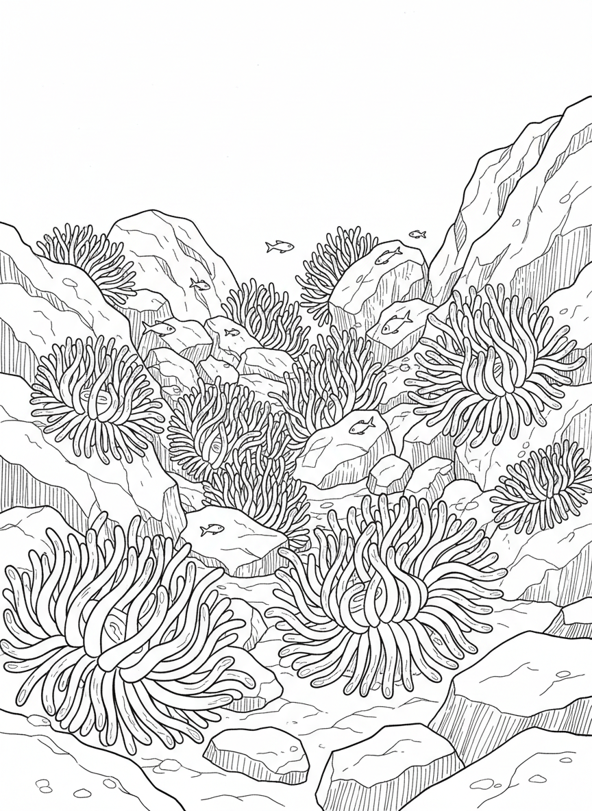 A cluster of sea anemones with flowing tentacles attached to rocks, with tiny fish swimming nearby in the tide pool water.