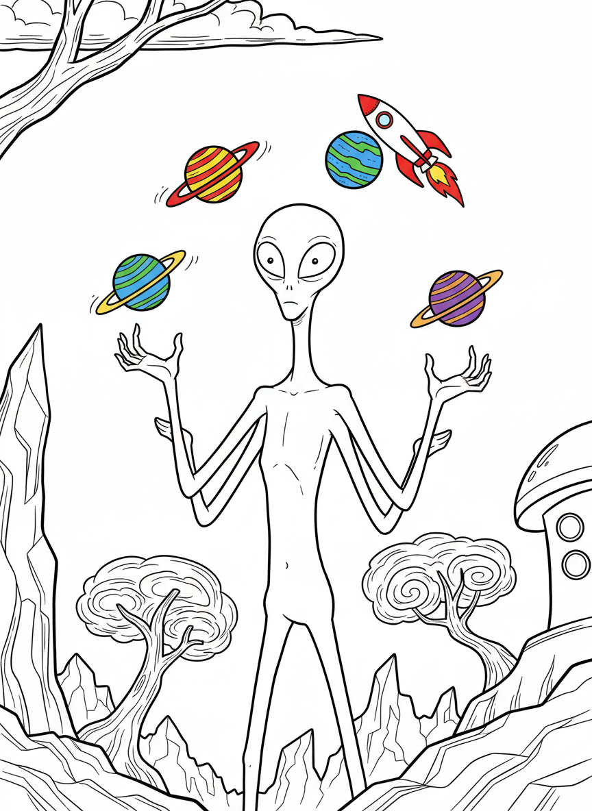 A tall, skinny alien with four arms juggling colorful planets, standing in front of a simple rocket ship