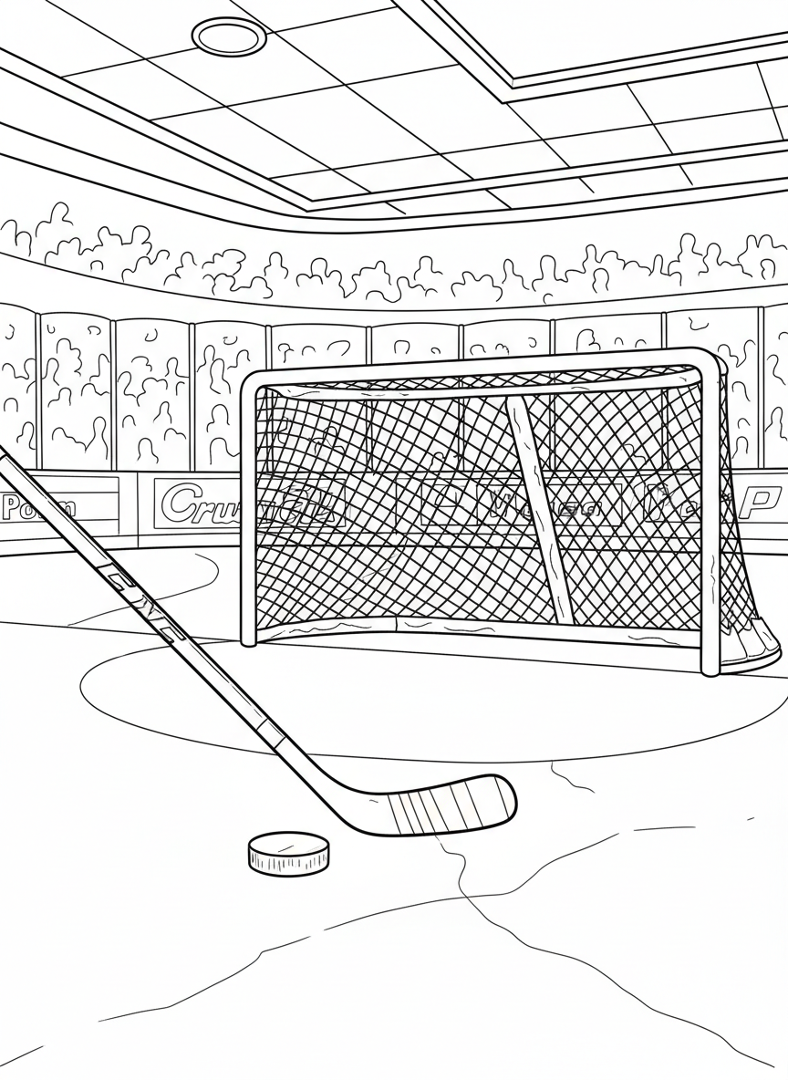 A hockey stick and puck on ice with a goal net in the background, simple composition for easy coloring