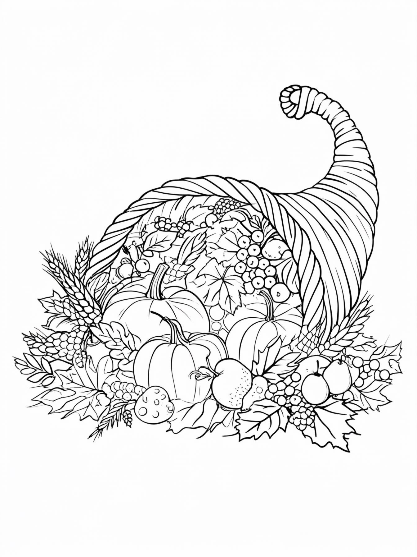 A large, decorative cornucopia overflowing with autumn harvest.