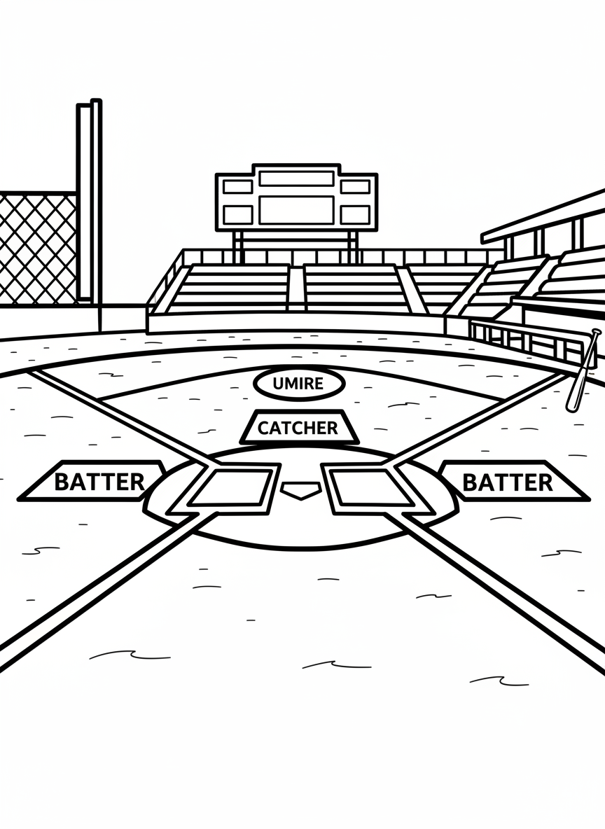 Home plate area with batter's box lines, catcher's position marked, and umpire's spot indicated, simple overhead view for easy coloring.