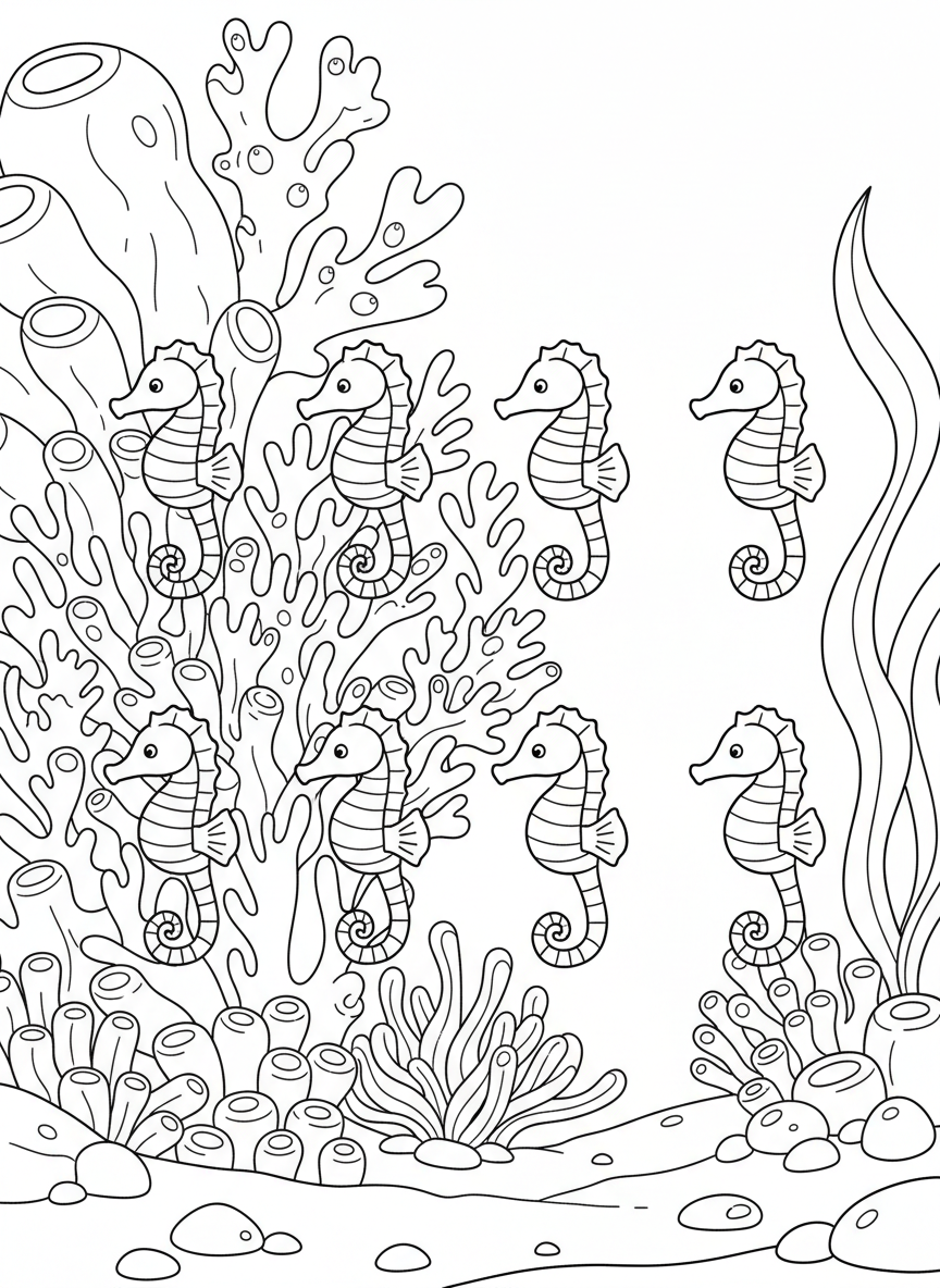Simple coloring page with exactly 10 tiny seahorses arranged in two rows, facing alternating directions for counting practice up to ten.