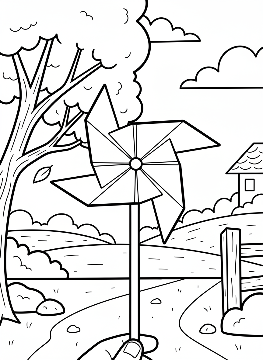 An origami windmill pinwheel on a stick, with four blades showing rotational symmetry and clear fold lines at the center.