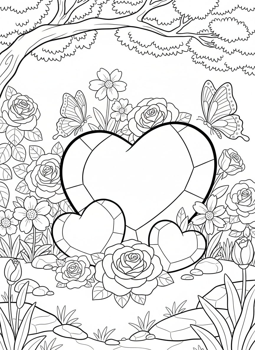 A cluster of rose quartz crystals in heart shapes of different sizes, surrounded by flowers and butterflies in a garden setting.